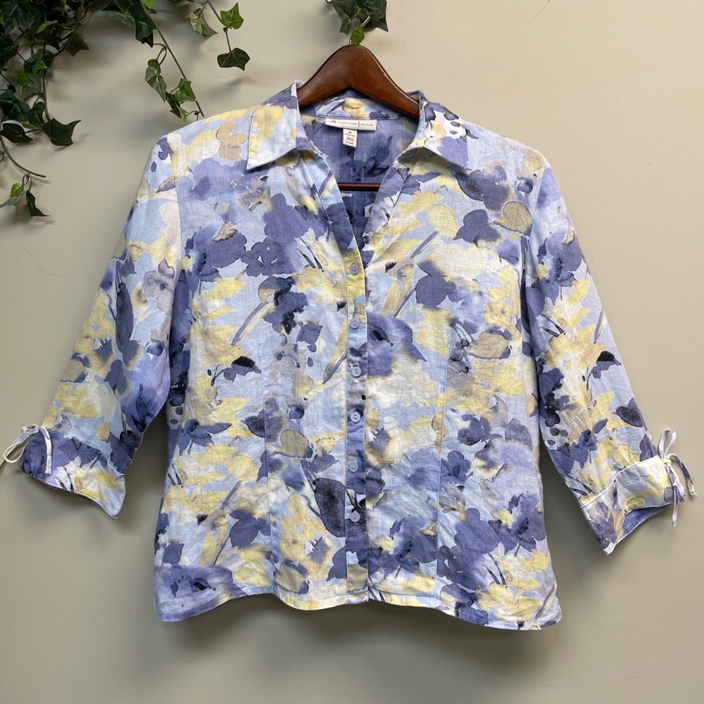JM COLLECTION//Womens Petite Sz 6P 100% Linen Floral Watercolor Top Shirt Blouse